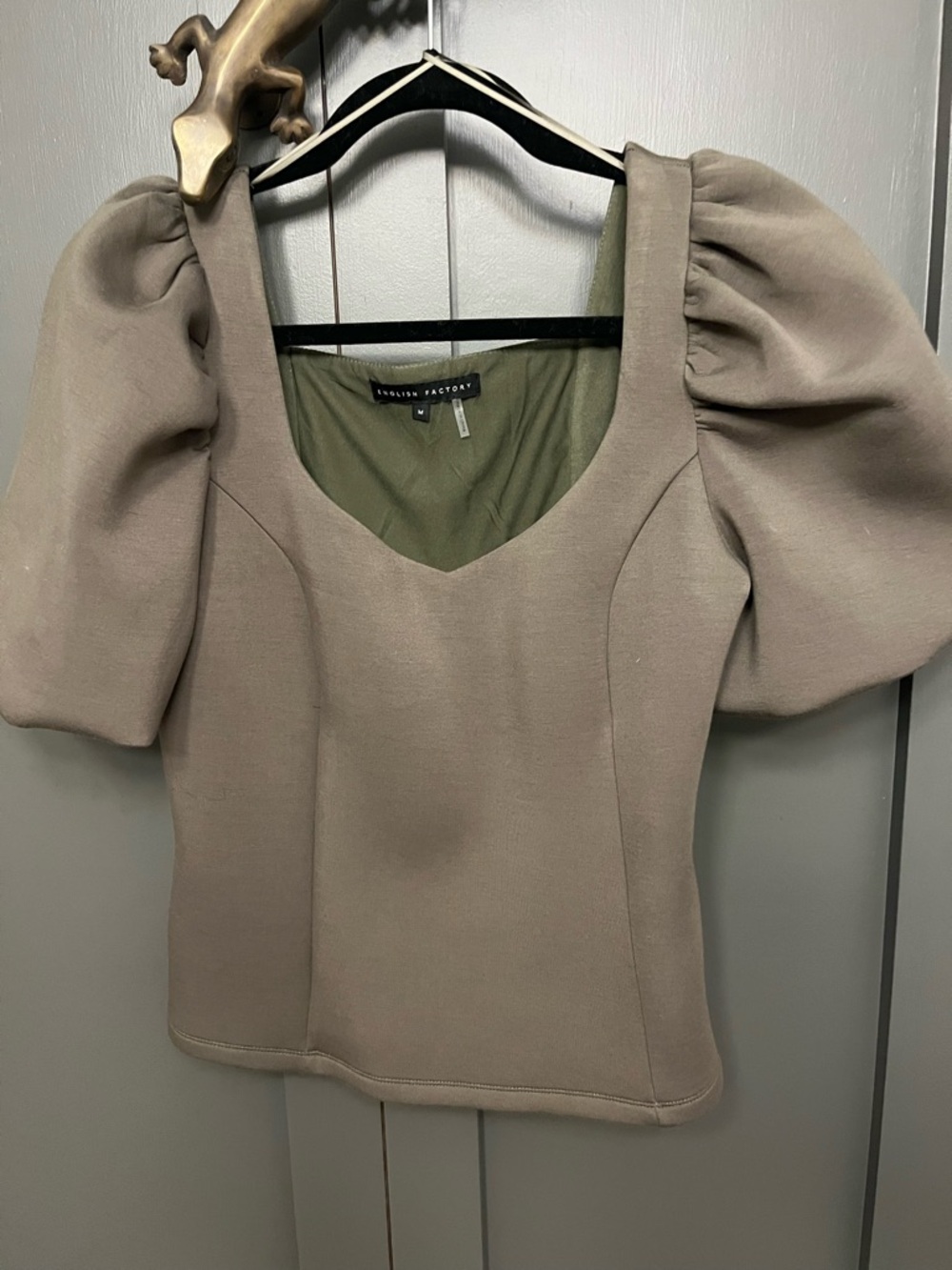 English Factory Taupe Puff Sleeve Square Neck Top size M